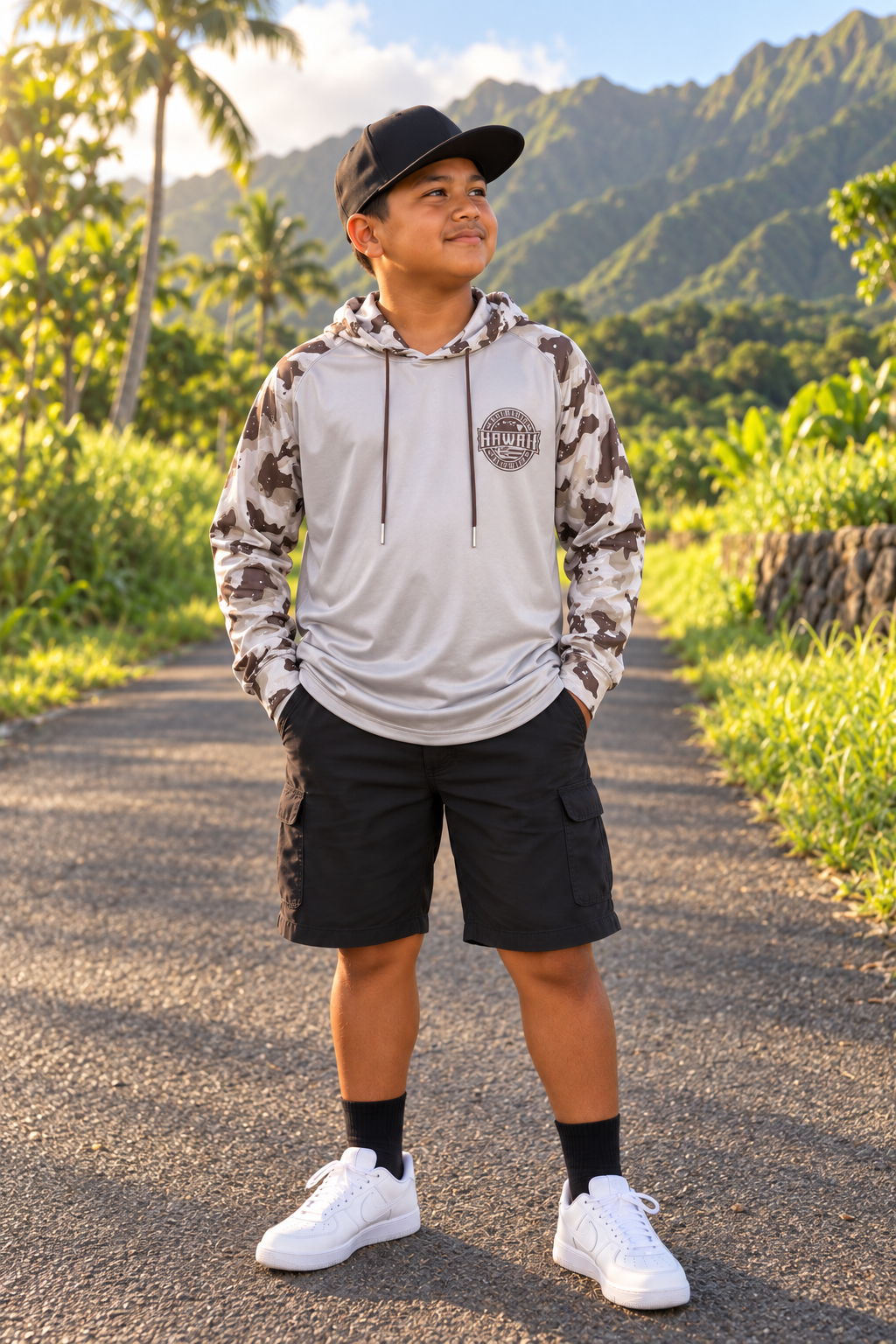 YOUTH Hawaii Sand Camo Long Sleeve Hooded Shirt